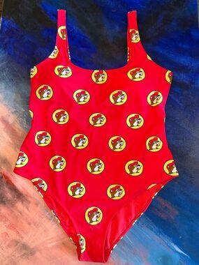 Red One-Piece Swim Suit with Playful Logo Print